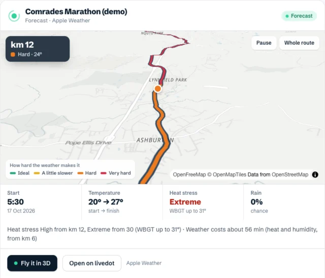 A race course from the air inside the chat: the Comrades course coloured by how hard the heat makes each stretch, with the start time, temperatures, heat stress and a Fly it in 3D button