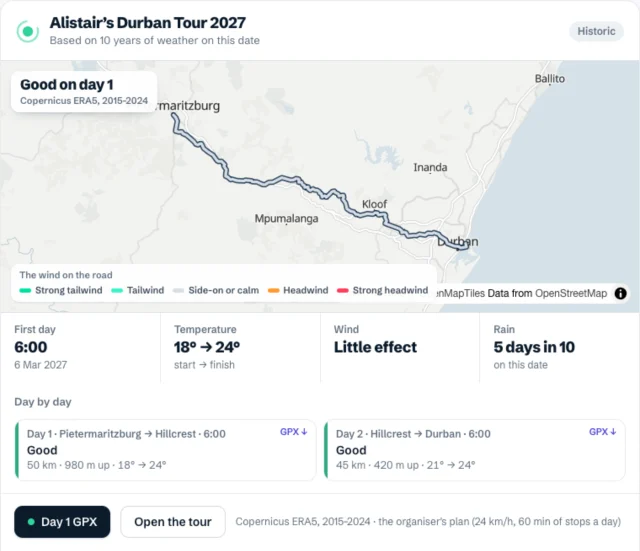 A cycling tour in the chat: two days on a map, each rated Good, with a GPX link for each day and Open the tour