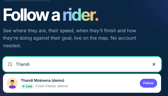 Windline's Follow a rider page with Thandi typed in the search, and Thandi Mokoena (demo), live on the Coast Classic (demo), with a Follow button