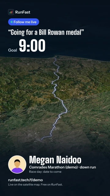 RunFast's share picture for its demo runner: Follow me live, her words Going for a Bill Rowan medal, a goal of 9:00, the Comrades course on satellite, her name and the link runfast.tech/f/demo