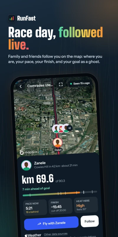 RunFast's race-day screen in the Android app: a runner on the Comrades course on a satellite map, with km 69.6 of 90.3, 7 min ahead of goal, pace, finish and heat here
