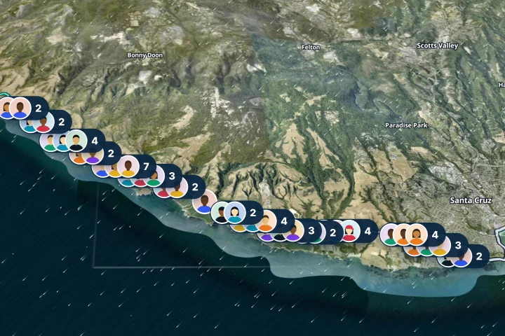 Windline's race map for the Coast Classic demo: riders shown as clusters of profile photos with counts, strung along the California coast to Santa Cruz