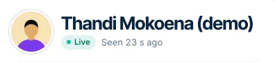 The top of a rider's card on Windline's live page: Thandi Mokoena (demo), a green Live badge, and Seen 23 s ago