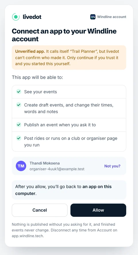 The sign-in page for an app livedot can't verify: Unverified app, the four things it would be able to do, the signed-in account, and Cancel or Allow