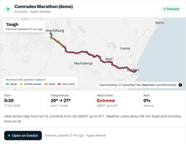 A marathon's forecast in the chat: the course coloured from Ideal to Very hard, rated Tough, 20° to 27°, heat stress Extreme, and the weather costing about 56 minutes