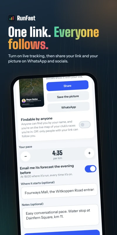 RunFast's live tracking card in the Android app: Share, Save the picture and WhatsApp under the share picture, and the Findable by anyone switch