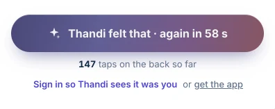 After a tap on Windline's live page: Thandi felt that · again in 58 s, 147 taps on the back so far, and Sign in so Thandi sees it was you, or get the app
