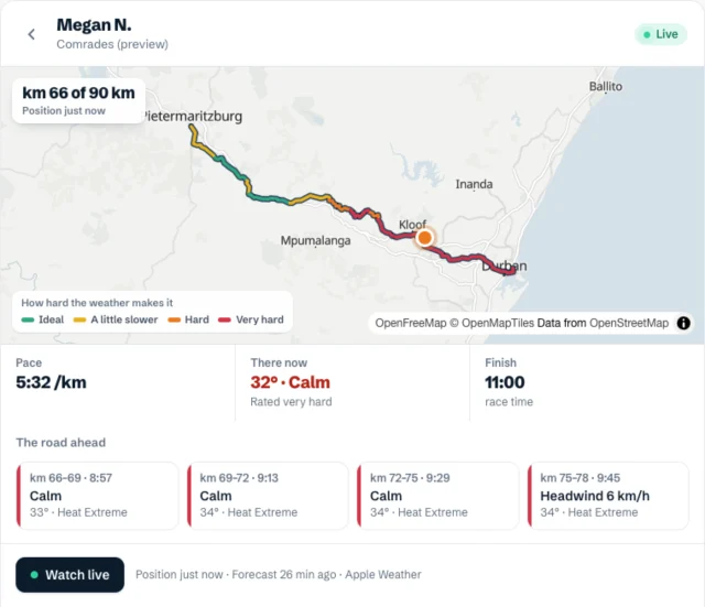 A runner's live answer in the chat: her dot on the Comrades course coloured by how hard the heat makes each stretch, with her pace, the heat where she is, her finish time and the road ahead