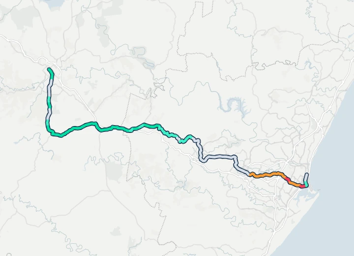Map of the 106 km Amashova National Classic route from Pietermaritzburg over Fox Hill, through Thornville, Camperdown, Cato Ridge, Drummond, Botha’s Hill and Hillcrest, down the M13 and the N3 to Durban’s beachfront, each stretch coloured by how often the wind was a headwind or a tailwind there in 10 years of race days.