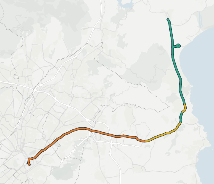 Map of the Athens Marathon course from Marathon to the Panathenaic Stadium in Athens, each stretch coloured by how hard the weather usually made it for a 5:40 per km runner.