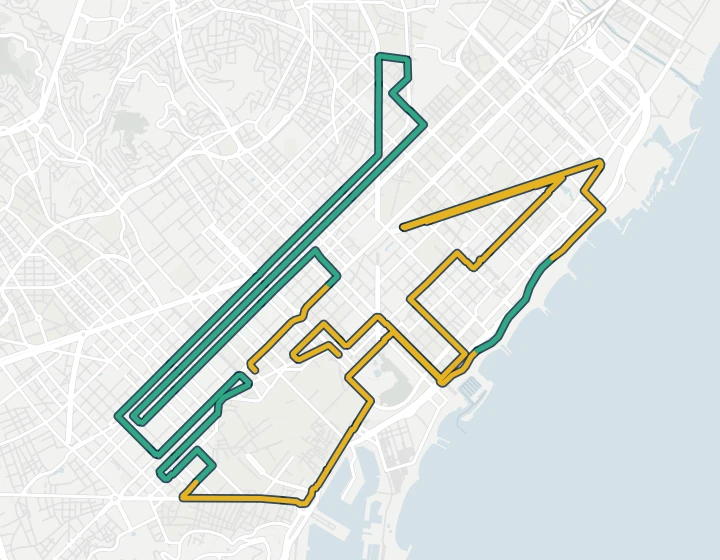 Map of the Zurich Marató de Barcelona course through the Eixample, past the Sagrada Família, down the Paral·lel to the old port, along the seafront to the Fòrum and back through Poblenou to the Arc de Triomf, each stretch coloured by how hard the weather usually made it for a 5:40 per km runner.