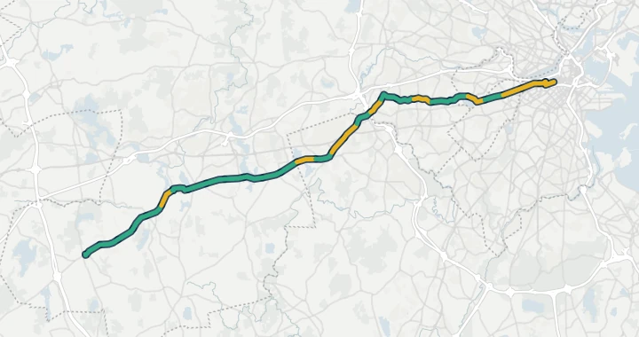 Map of the Boston Marathon course from Hopkinton through Ashland, Framingham, Natick, Wellesley, Newton and Brookline to Boylston Street in Boston, each stretch coloured by how hard the weather usually made it for a 5:30 per km runner.