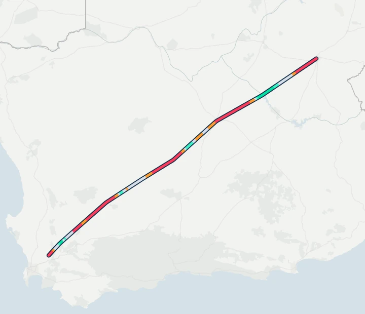 Map of The Munga 2026 from Bloemfontein to Wellington through its five race villages, the straight-line route coloured by how often the wind was a headwind or a tailwind in 10 years of race weeks.