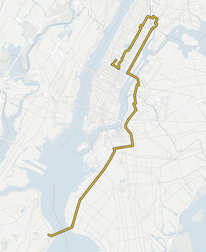 Map of the 2026 TCS New York City Marathon course from Staten Island through Brooklyn, Queens, Manhattan and the Bronx to Central Park, each stretch coloured by how hard the weather usually made it for a 5:40 per km runner.