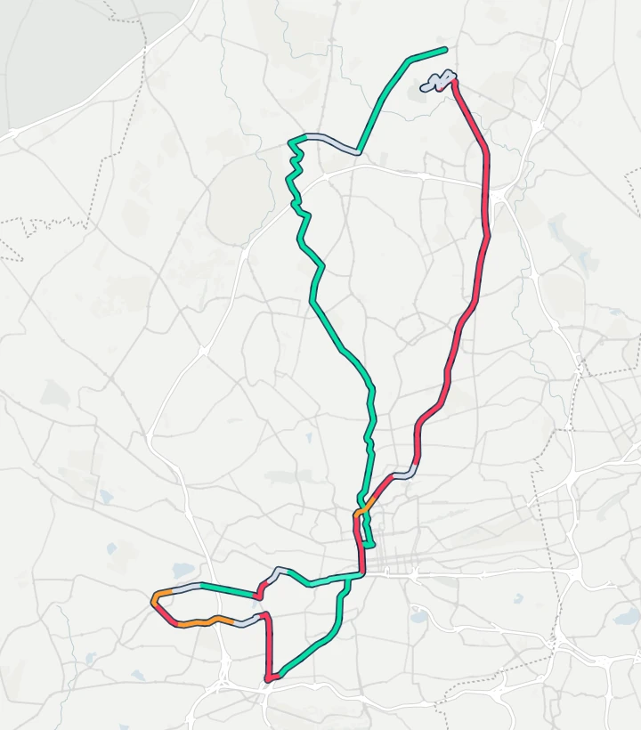 Map of the 2026 Ride Joburg route from Kyalami through Bryanston, the city, Soweto and back up the M1 to the Kyalami Grand Prix Circuit, each stretch coloured by how often the wind was a headwind or a tailwind there in 10 years of race days.