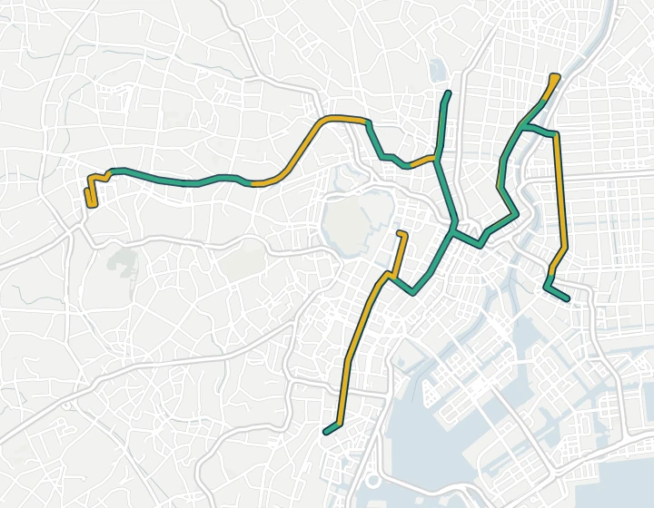 Map of the Tokyo Marathon course from the Tokyo Metropolitan Government Building in Shinjuku to Ueno, Asakusa, Monzen-nakacho, Ginza and Shinagawa's Tamachi, finishing in front of Tokyo Station, each stretch coloured by how hard the weather usually made it for a 6:00 per km runner.