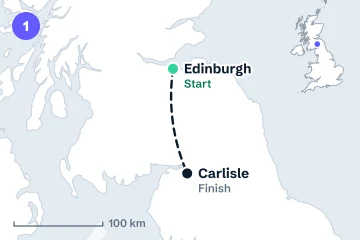 Locator map for stage 1: the start in Edinburgh and the finish at Carlisle, joined by a dashed line (not the road).