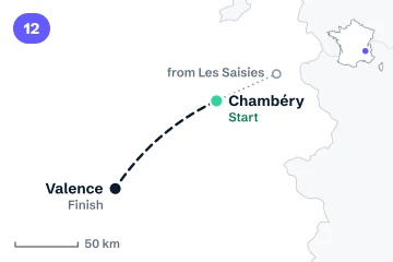 Locator map for stage 12: the start in Chambéry and the finish at Valence, joined by a dashed line (not the road), with the transfer from Les Saisies.