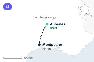 Locator map for stage 13: the start in Aubenas and the finish at Montpellier, joined by a dashed line (not the road), with the transfer from Valence.