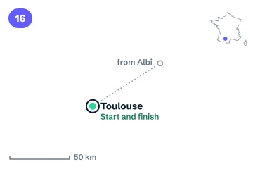 Locator map for stage 16: it starts and finishes in Toulouse.