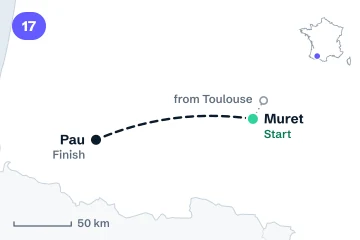 Locator map for stage 17: the start in Muret and the finish at Pau, joined by a dashed line (not the road), with the transfer from Toulouse.