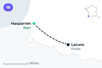 Locator map for stage 19: the start in Hasparren and the finish at Laruns, joined by a dashed line (not the road).