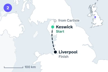 Locator map for stage 2: the start in Keswick and the finish at Liverpool, joined by a dashed line (not the road), with the transfer from Carlisle.