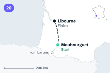 Locator map for stage 20: the start in Maubourguet and the finish at Libourne, joined by a dashed line (not the road), with the transfer from Laruns.