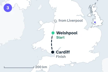 Locator map for stage 3: the start in Welshpool and the finish at Cardiff, joined by a dashed line (not the road), with the transfer from Liverpool.