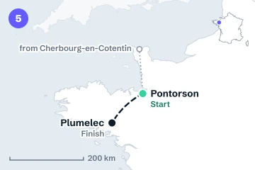 Locator map for stage 5: the start in Pontorson and the finish at Plumelec, joined by a dashed line (not the road), with the transfer from Cherbourg-en-Cotentin.