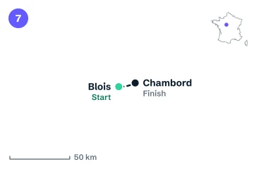 Locator map for stage 7: the start in Blois and the finish at Chambord, joined by a dashed line (not the road).