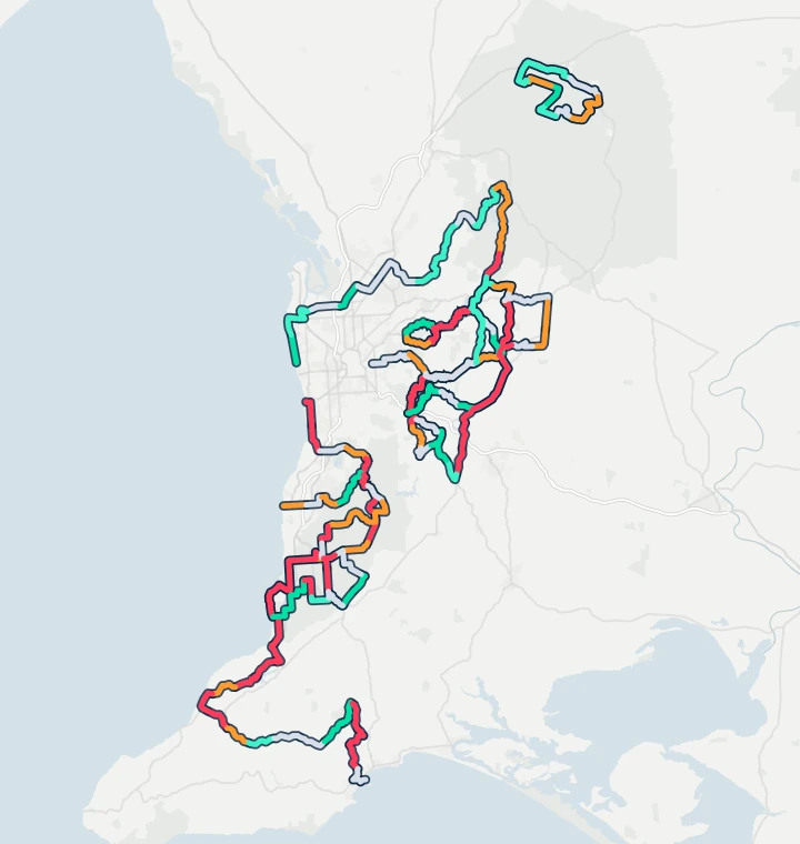 Map of the six 2027 Santos Tour Down Under men’s stages around Adelaide, the Barossa, the Adelaide Hills and the Fleurieu Peninsula, each stretch coloured by how often the wind was a headwind or a tailwind there in 10 years of race weeks.