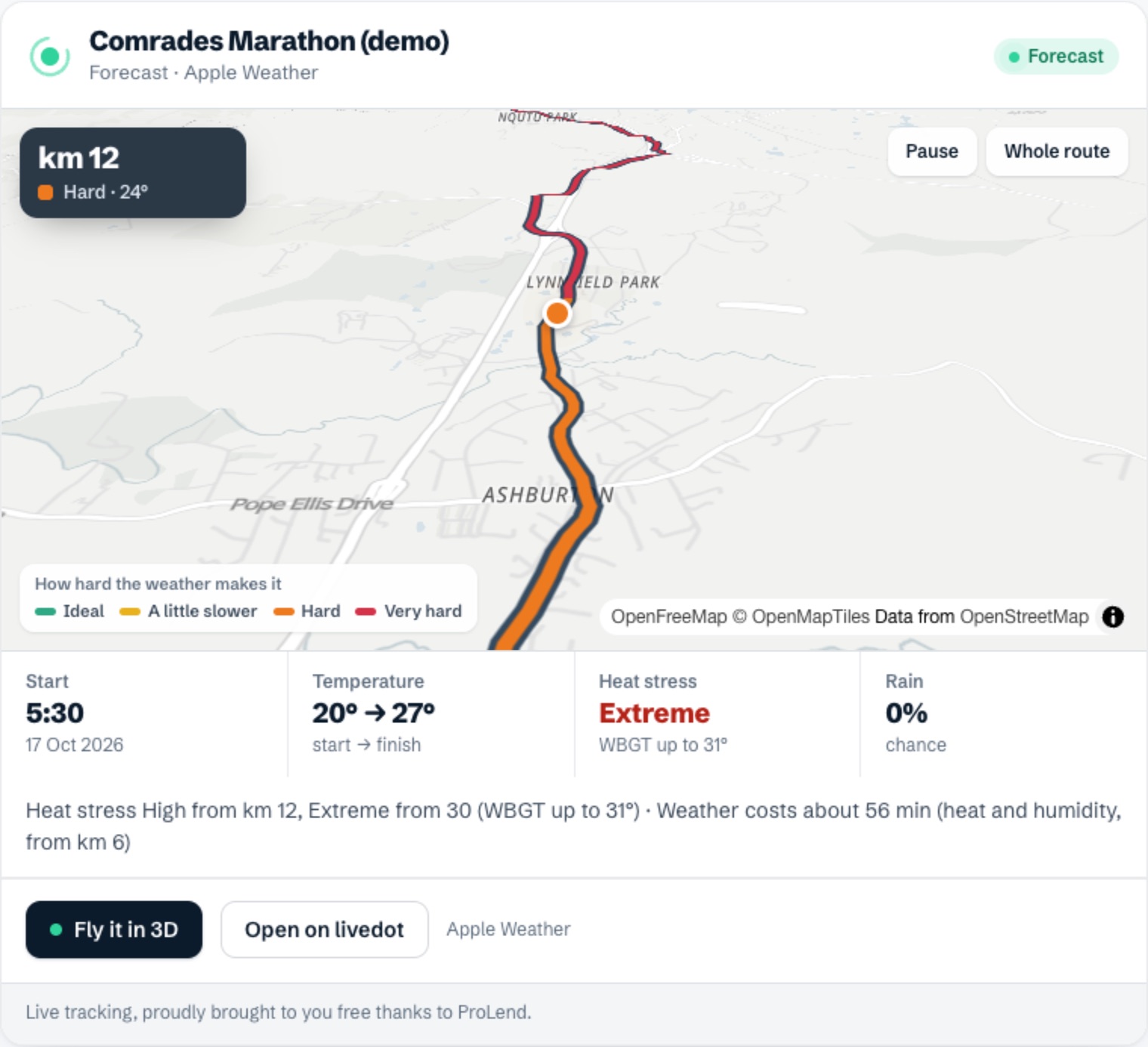 A flyover of the Comrades course in the chat, the camera following the road with the heat along it
