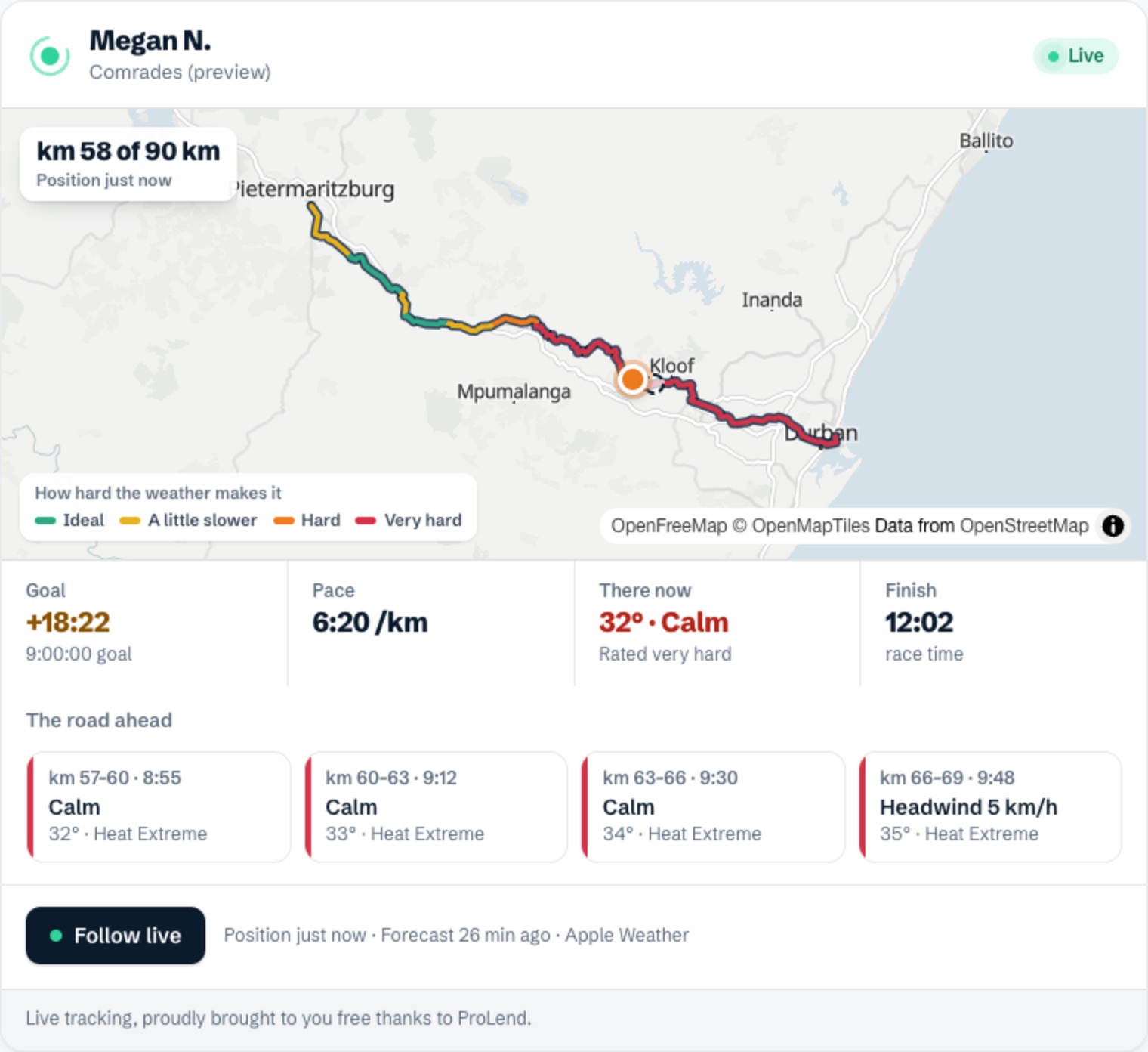 Megan’s live map in the chat: her dot on the Comrades course, coloured by how hard the heat makes each stretch, with her pace, finish time and the road ahead