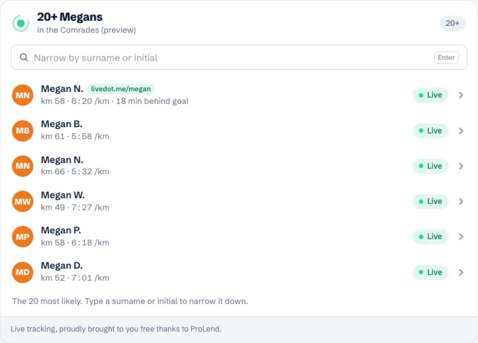 A picker in the chat: Megans in the Comrades, each with the km they’re at, their pace and their goal, and a search box