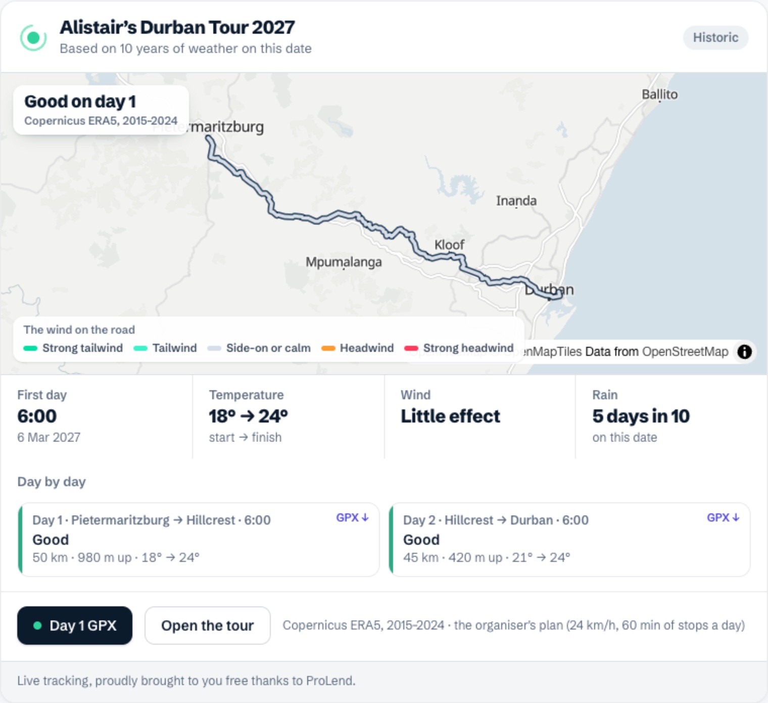 A cycling tour’s two days on a map, each rated for the weather, with a Route files button