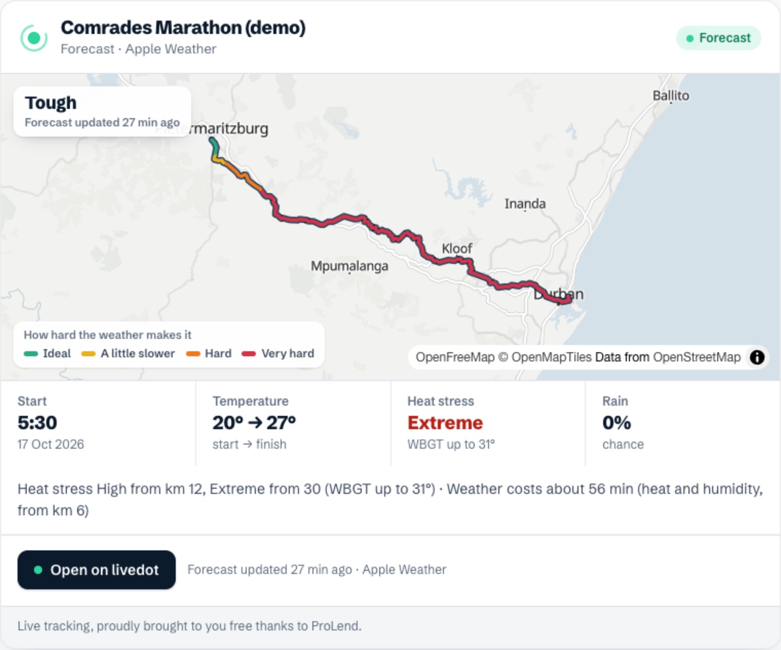 Race-day weather for the Comrades: the course coloured by the heat, the start time, temperatures, heat stress and rain