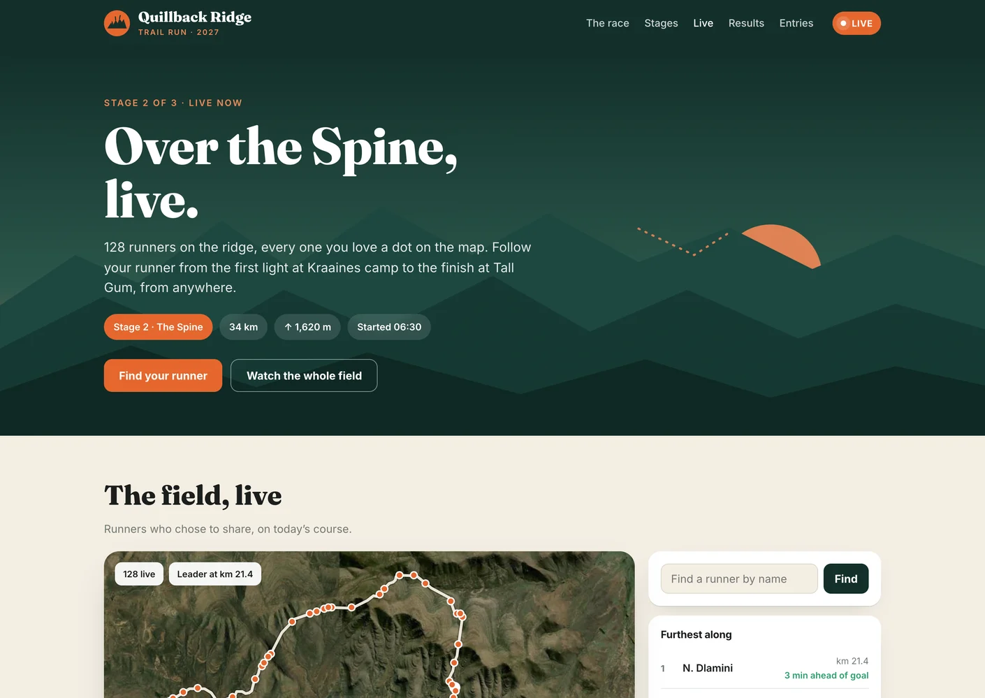 An organiser's own branded live page: Quillback Ridge Trail Run's logo and colours, Stage 2 live, its stages and its runners on the map