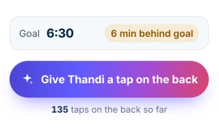 A rider’s goal, how far behind it they are, and the button to give them a tap on the back, with its count.